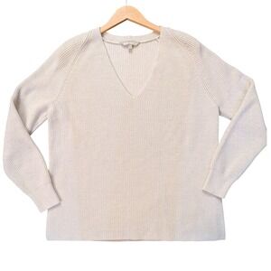Athleta‎ Cream Ribbed Knit V Neck Sweater Women's Size Medium Merino Wool Blend